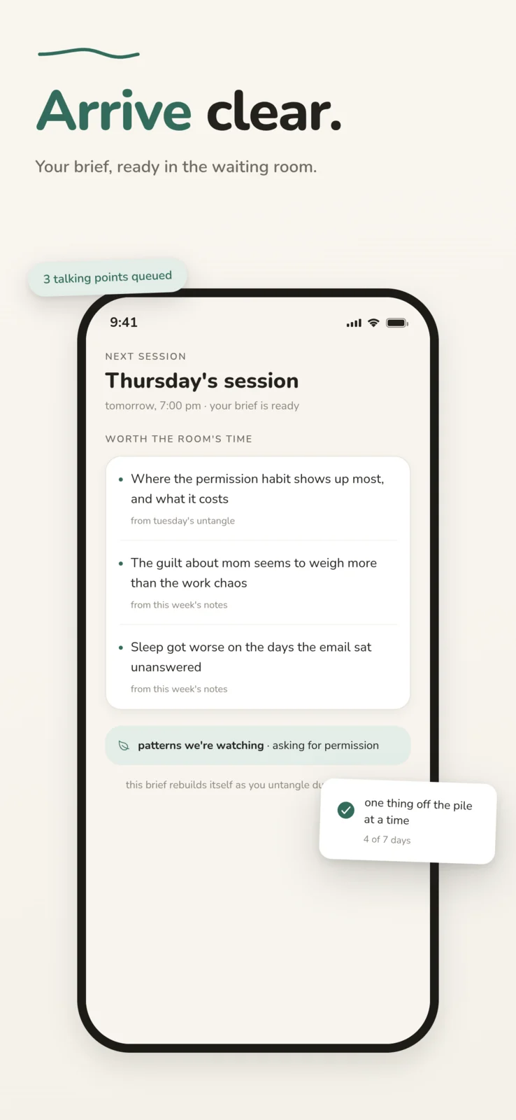 Arrive clear: the next session brief ready in the waiting room